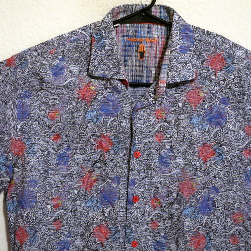 Visconti Black Mens Large Long Sleeve Button Blue Red Flowers